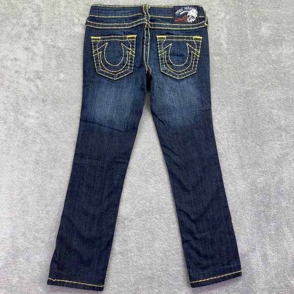 True Religion Band Jean Dark Wash Denim Skull Roses Yellow Stitch Jeans - Picture 1 of 12